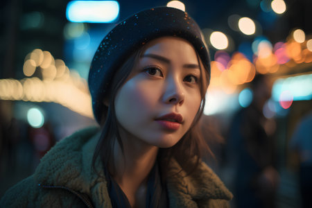 Portrait of a beautiful asian woman in a city at nightの素材