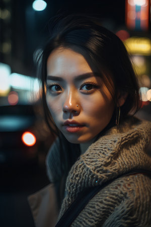young beautiful asian woman in the city at night, lifestyle portraitの素材