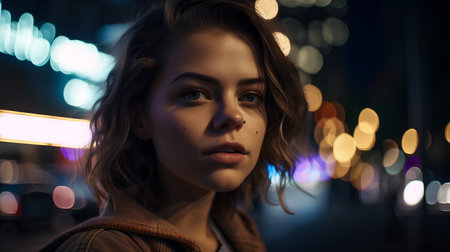 Portrait of a beautiful young woman in the city at night.の素材