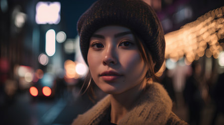 Beautiful young asian woman in the city at night time.の素材