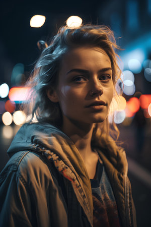 Portrait of a beautiful young woman in the city at night.の素材