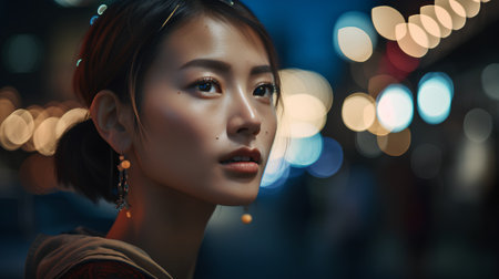 Beautiful asian woman in the city at night with bokehの素材