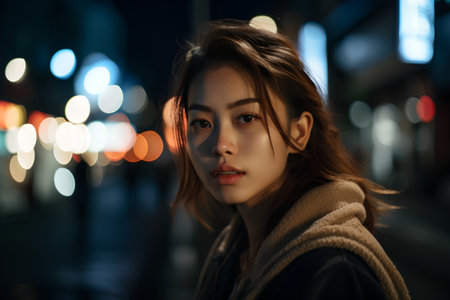 Beautiful asian woman in the city at night, lifestyle portraitの素材