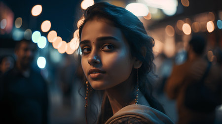 Portrait of a beautiful asian girl in the city at nightの素材