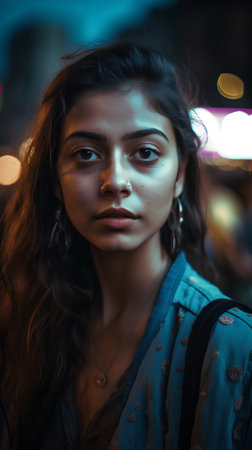 Portrait of a beautiful young woman in the city at night.の素材