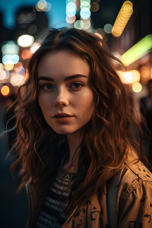 Portrait of a beautiful young woman with curly hair in the cityの素材