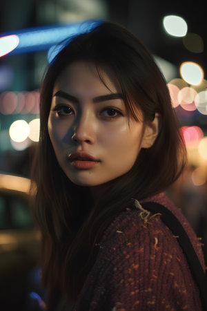 Close up portrait of a beautiful young asian woman in the city at nightの素材