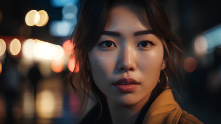 Portrait of a beautiful asian woman in the city at nightの素材