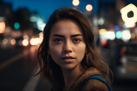 Portrait of a beautiful young woman on the street at night.の素材