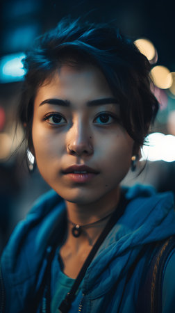 Portrait of young beautiful Asian woman in the city at night.の素材