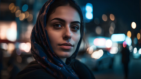 Portrait of a beautiful girl with a scarf on her head in the city at nightの素材