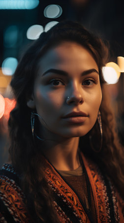 Portrait of a beautiful young girl with curly hair in the city at night.の素材