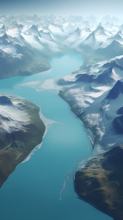 Fantasy landscape with mountains and lake. 3d render illustration.の素材