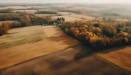 Aerial view of autumn rural landscape with fields, forests and meadowsの素材