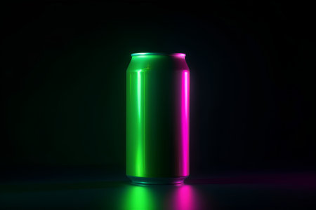 3d render of green soda can with neon light on black backgroundの素材
