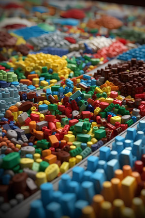 Colorful plastic building blocks in a row with shallow depth of fieldの素材