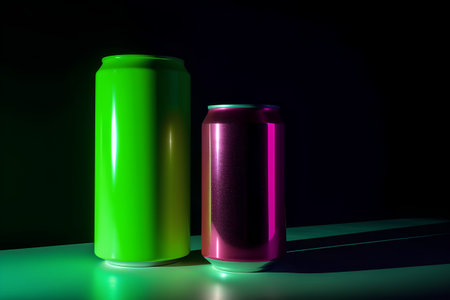 Green and purple soda cans on a black background. 3d renderingの素材