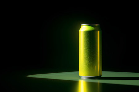 Green soda can on a black background. 3d render illustration.の素材