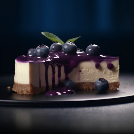Cheesecake with blueberries on a dark background. Toned.の素材