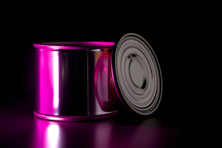 Tin can on a black background. 3D rendering. Neon light.の素材