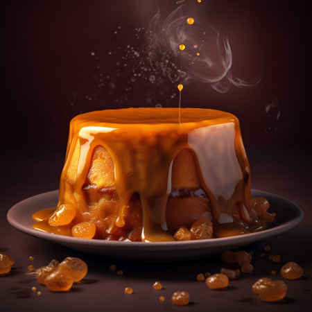 Caramel cake with caramel sauce and candies on a dark backgroundの素材