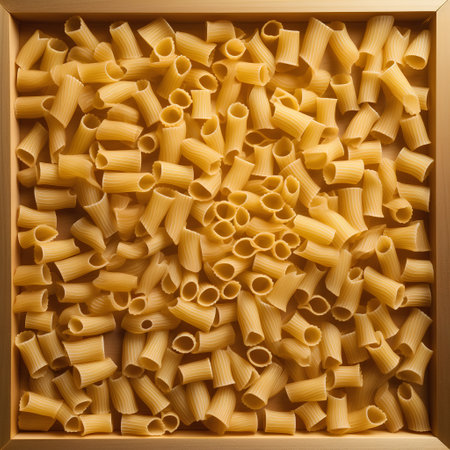 Macaroni pasta in a wooden box. Top view. Food background.の素材
