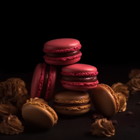Sweet and colourful french macaroons or macaron on dark backgroundの素材