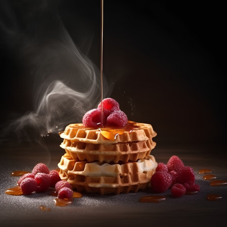 pouring honey on waffles with raspberries and black backgroundの素材