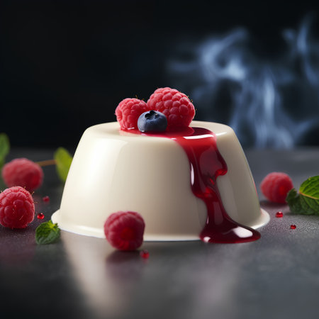 Panna cotta with raspberries and blueberries on a black backgroundの素材