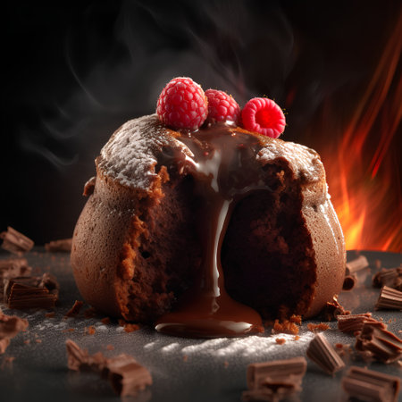 Chocolate muffin with raspberries and chocolate on a black backgroundの素材