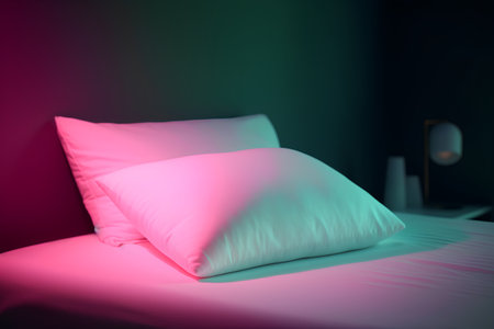 Pink pillows on the bed in the dark room. 3d renderingの素材