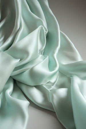 Closeup of rippled light green silk satin fabric backgroundの素材