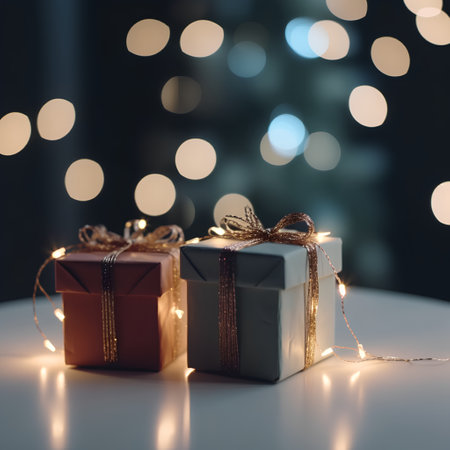 Christmas gift boxes with golden lights on bokeh background, selective focusの素材