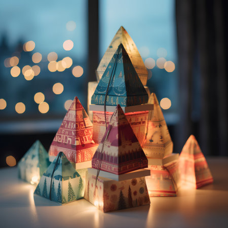 Christmas tree made of origami paper on bokeh background. 3d renderingの素材