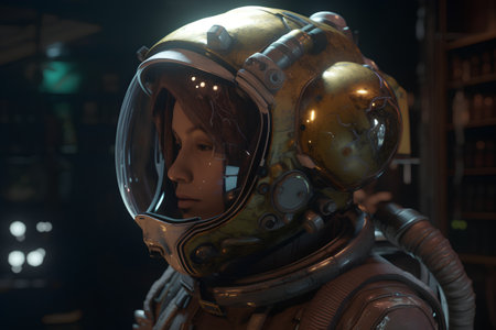 Portrait of a female astronaut in an astronaut helmet. 3d rendering.の素材