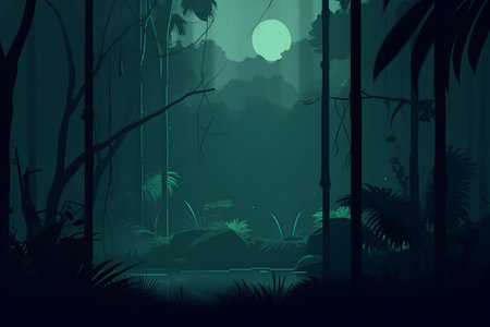 Tropical forest at night with full moon. Vector illustration.の素材