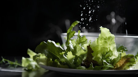 Fresh green salad in a bowl with water drops on a black backgroundの素材
