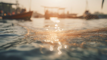 Fishing boat in the sea at sunset. Selective focus.の素材