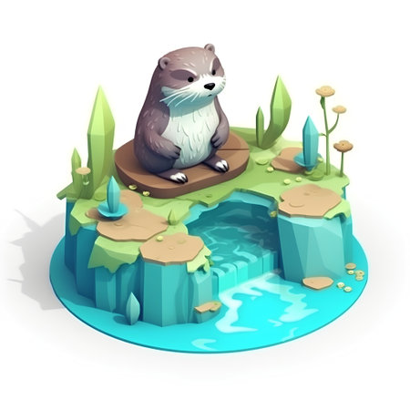 Illustration of a cute otter sitting on an island in the waterの素材