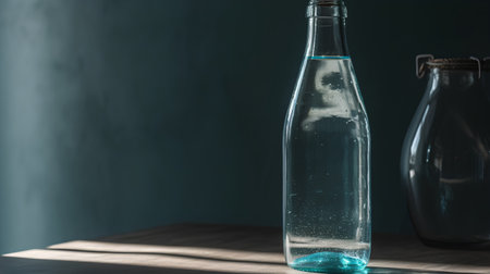 Glass bottle with water on wooden table against dark blue wall background.の素材