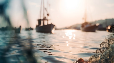Fishing boats in the harbor at sunset, shallow depth of fieldの素材