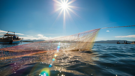 Fishing net on the sea with sunlight and blue sky background.の素材