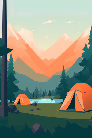 Camping in the mountains. Vector illustration in flat cartoon style.の素材