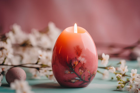 Easter egg with floral pattern and burning candle on blue background.の素材