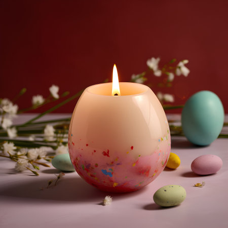Colorful easter eggs and burning candle on pink background with flowersの素材
