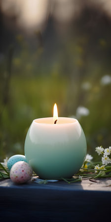 Candle and easter eggs in the spring garden. Easter backgroundの素材
