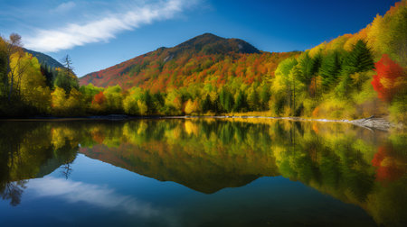 Colorful autumn landscape with colorful forest reflected in calm mountain lake.の素材