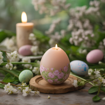 Easter eggs with spring flowers and burning candle on rustic backgroundの素材