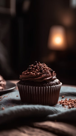 Chocolate cupcake with chocolate cream on wooden table. Selective focus.の素材