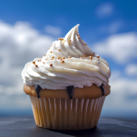 Cupcake with whipped cream on a background of blue sky.の素材